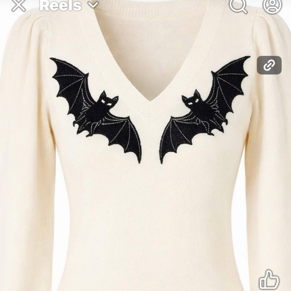 NWT OXKnit Cream V-Neck Sweater with Black Bat Design